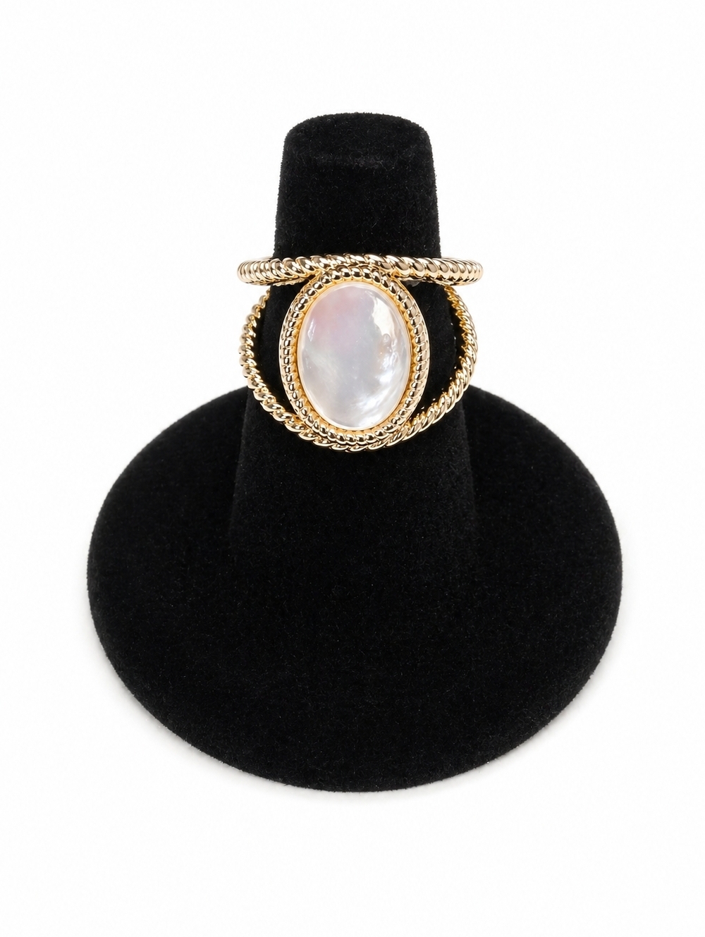 Gold Tone Mother of Pearl Oval Statement Ring Size 6.75 Boho Vintage Style